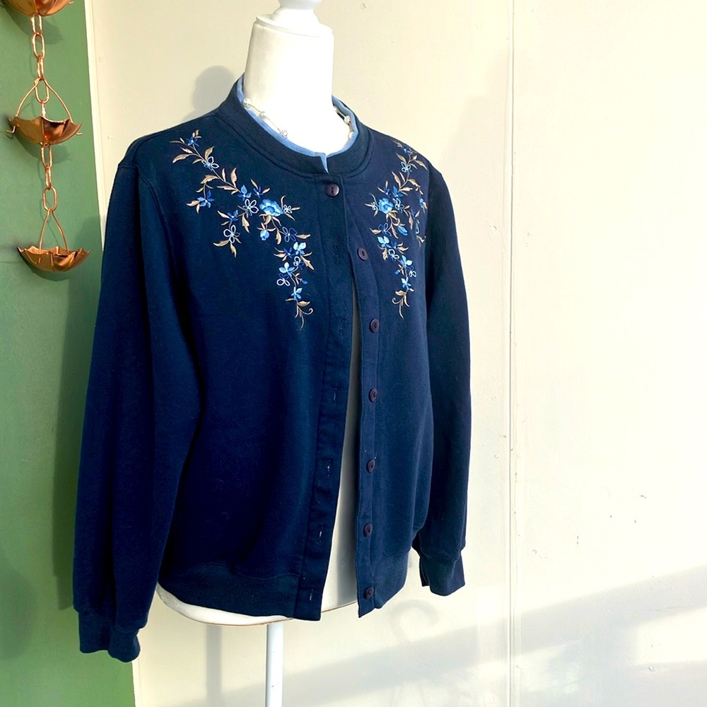 Vintage 90s Navy Sweatshirt Cardigan with Floral Embroidery